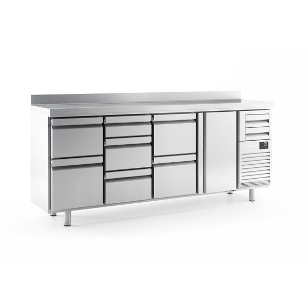 ARRIERE BAR INOX A 2 PORTES VITREES A/ TIROIR A MARC