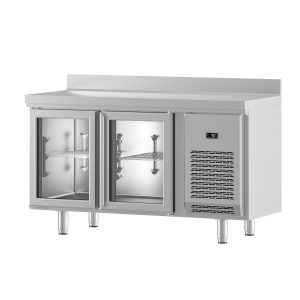 ARRIERE BAR INOX A 2 PORTES VITREES & TIROIR A MARC