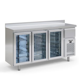 ARRIERE BAR INOX A 3 PORTES VITREES & TIROIR A MARC