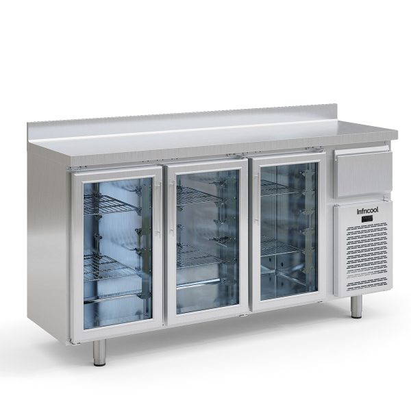 ARRIERE BAR INOX A 3 PORTES VITREES & TIROIR A MARC